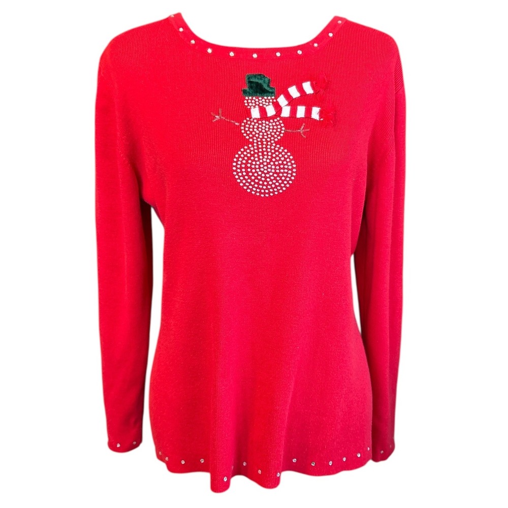 Quacker Factory Red Snowman Sweater With Rhinestone Bling, Size Large, Christmas